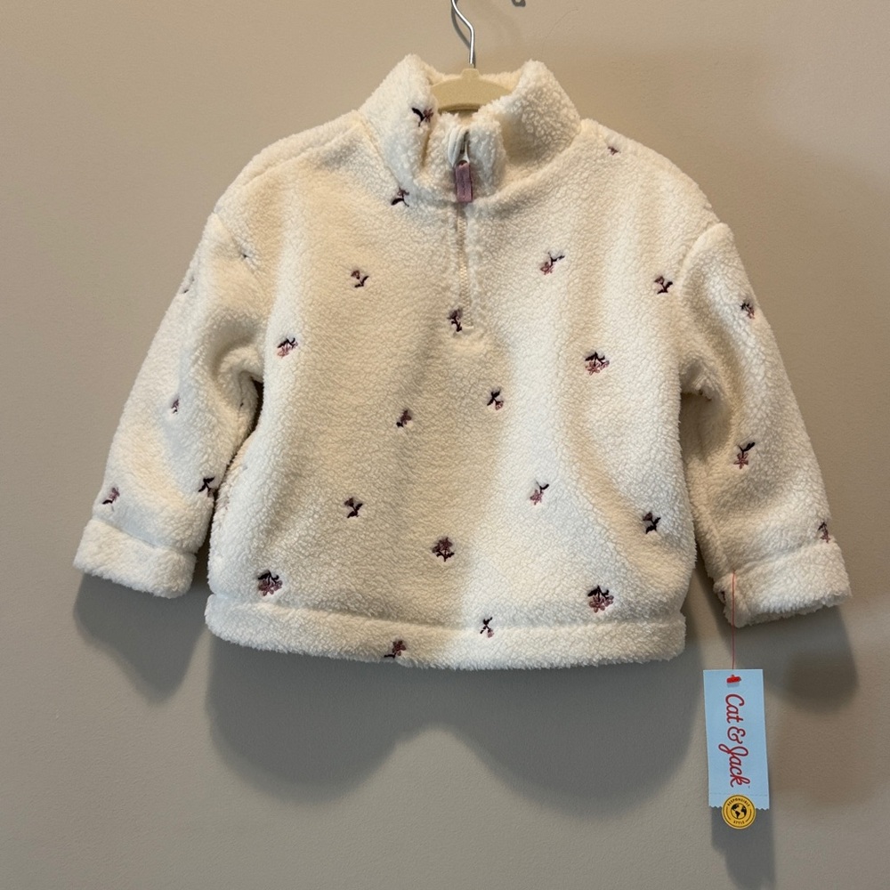 Cat & Jack Cream Sherpa Half-Zip Pullover with Pink Floral Embroidery - Kids